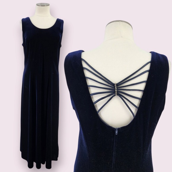 Vtg 90s Velvet Maxi Dress 16P Blue Whimsigoth Prom Party Stretch Glam Art Deco - Picture 1 of 8